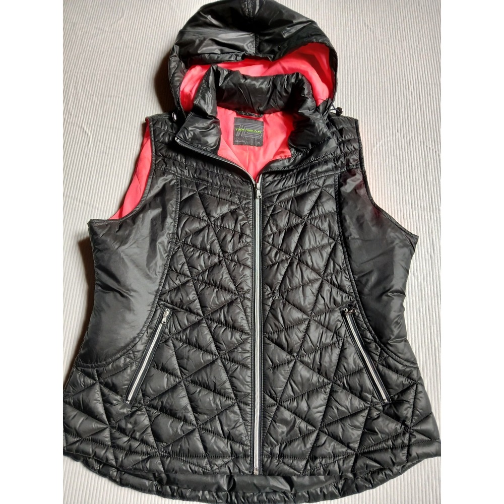 Tek Gear Womens XL Black Quilted Puffer Vest Hooded Neon Pink Lining Full Zip